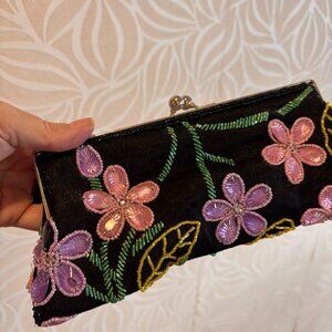 Embroidered beaded sequined clutch